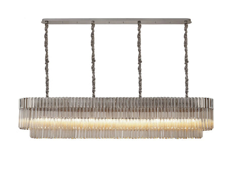 Longhorn 200 x 40cm Linear Pendant, 10 Light E14, Polished Nickel/Cognac Sculpted Glass