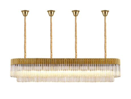 Longhorn 200 x 40cm Linear Pendant With Bell Cup, 10 Light E14, Brass/Cognac Sculpted Glass