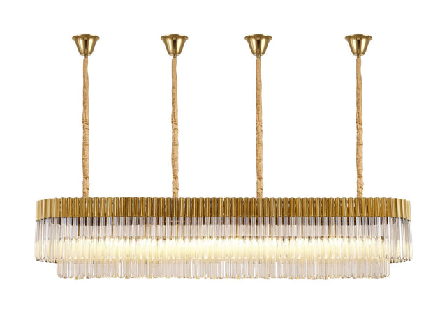 Longhorn 200 x 40cm Linear Pendant With Bell Cup, 10 Light E14, Brass/Cognac Sculpted Glass