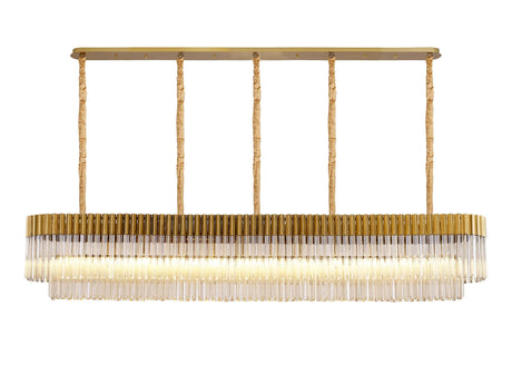 Longhorn 225 x 40cm Linear Pendant, 12 Light E14, Brass/Cognac Sculpted Glass