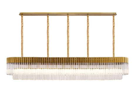 Longhorn 225 x 40cm Linear Pendant, 12 Light E14, Brass/Clear Sculpted Glass