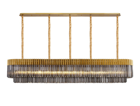 Longhorn 225 x 40cm Linear Pendant, 12 Light E14, Brass/Smoked Sculpted Glass