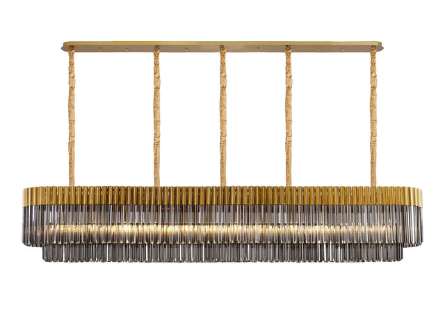 Longhorn 225 x 40cm Linear Pendant, 12 Light E14, Brass/Smoked Sculpted Glass