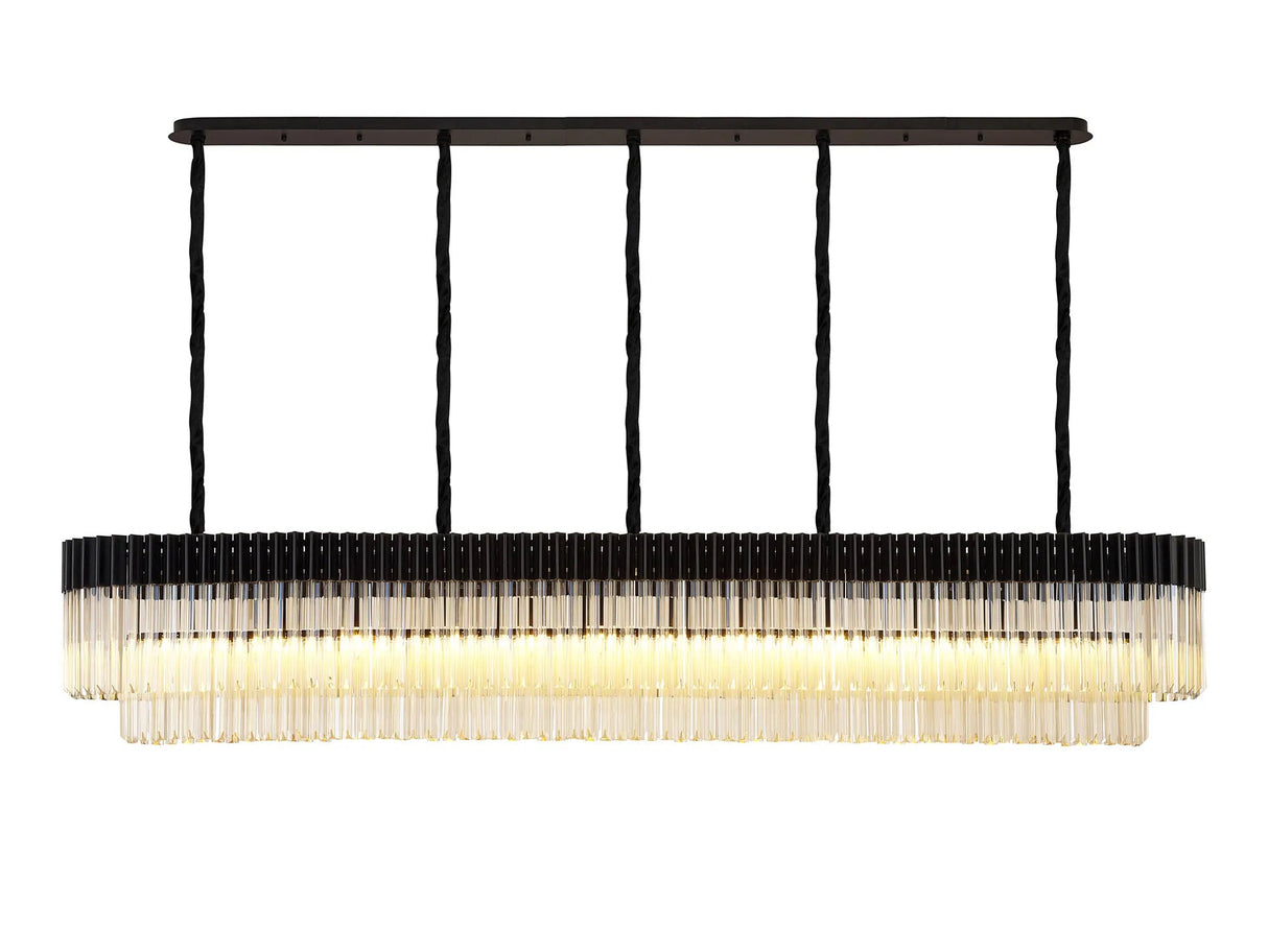 Longhorn 225 x 40cm Linear Pendant, 12 Light E14, Matt Black/Cognac Sculpted Glass