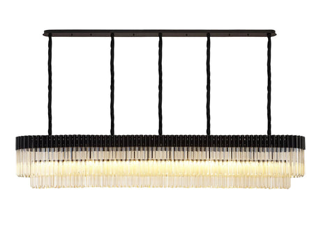 Longhorn 225 x 40cm Linear Pendant, 12 Light E14, Matt Black/Cognac Sculpted Glass