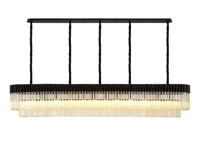 Longhorn 225 x 40cm Linear Pendant, 12 Light E14, Matt Black/Cognac Sculpted Glass