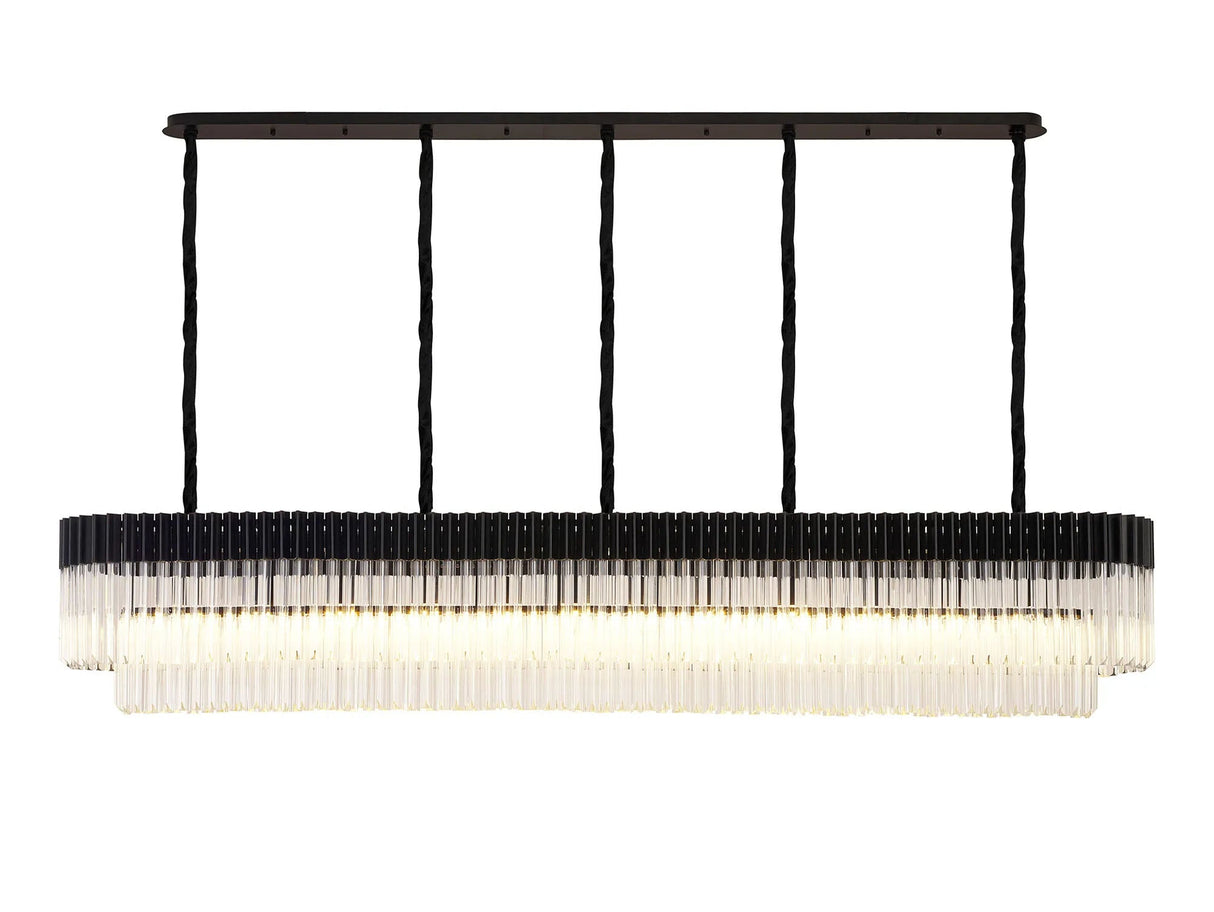 Longhorn 225 x 40cm Linear Pendant, 12 Light E14, Matt Black/Clear Sculpted Glass