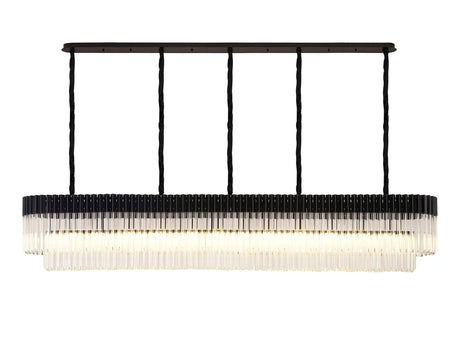 Longhorn 225 x 40cm Linear Pendant, 12 Light E14, Matt Black/Clear Sculpted Glass
