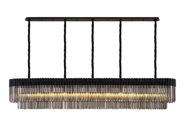 Longhorn 225 x 40cm Linear Pendant, 12 Light E14, Matt Black/Smoked Sculpted Glass