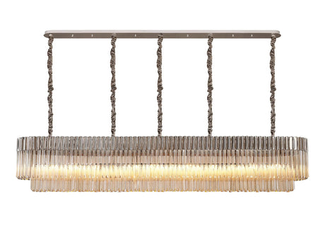 Longhorn 225 x 40cm Linear Pendant, 12 Light E14, Polished Nickel/Cognac Sculpted Glass
