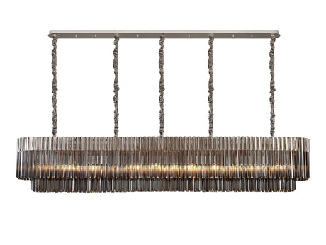 Longhorn 225 x 40cm Linear Pendant, 12 Light E14, Polished Nickel/Smoked Sculpted Glass