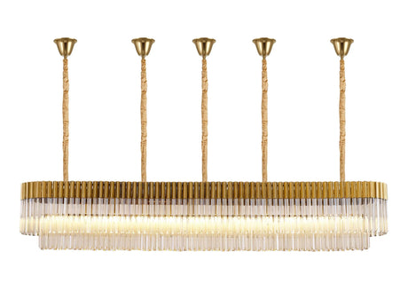 Longhorn 225 x 40cm Linear Pendant With Bell Cup, 12 Light E14, Brass/Cognac Sculpted Glass