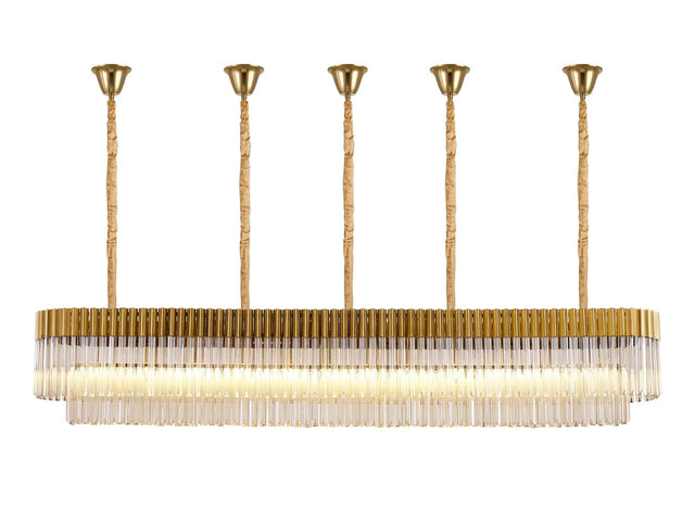 Longhorn 225 x 40cm Linear Pendant With Bell Cup, 12 Light E14, Brass/Cognac Sculpted Glass
