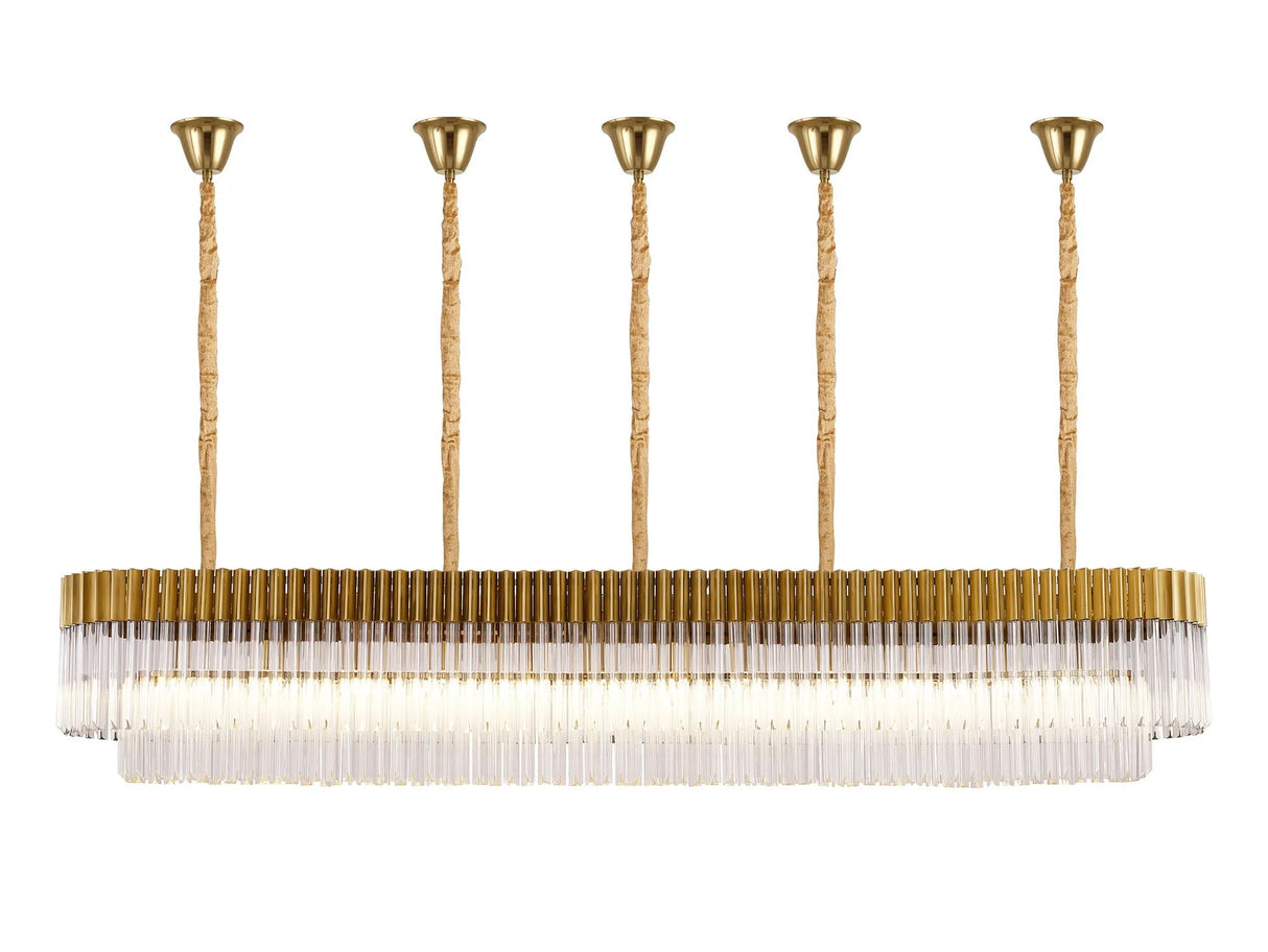 Longhorn 225 x 40cm Linear Pendant With Bell Cup, 12 Light E14, Brass/Clear Sculpted Glass