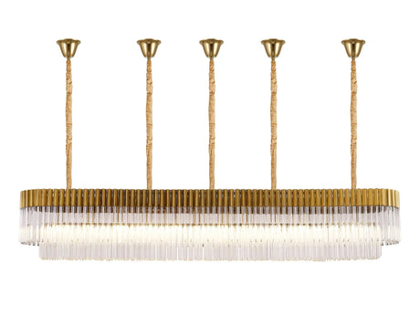 Longhorn 225 x 40cm Linear Pendant With Bell Cup, 12 Light E14, Brass/Clear Sculpted Glass