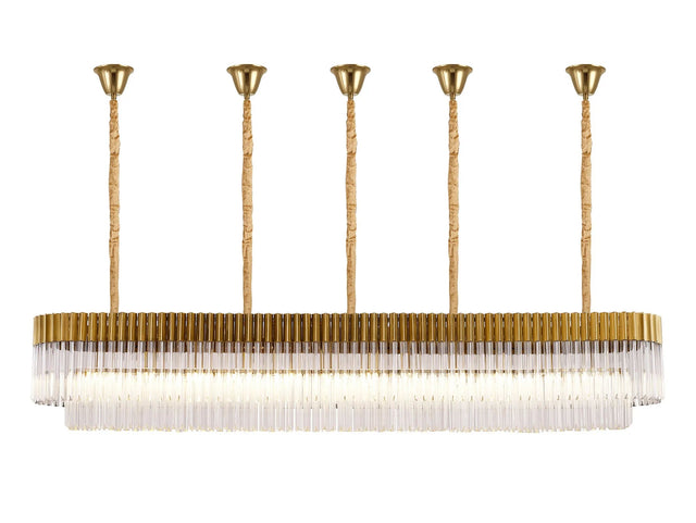 Longhorn 225 x 40cm Linear Pendant With Bell Cup, 12 Light E14, Brass/Clear Sculpted Glass