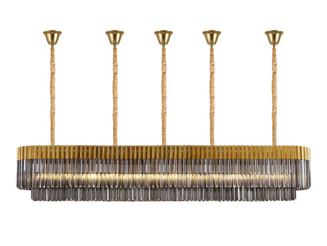 Longhorn 225 x 40cm Linear Pendant With Bell Cup, 12 Light E14, Brass/Smoked Sculpted Glass
