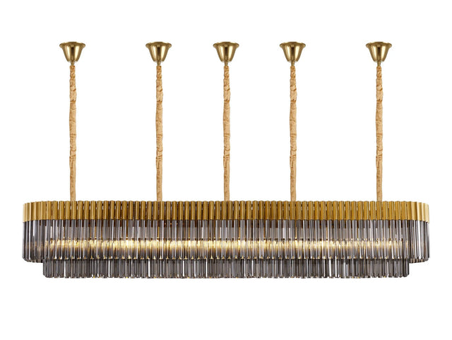 Longhorn 225 x 40cm Linear Pendant With Bell Cup, 12 Light E14, Brass/Smoked Sculpted Glass