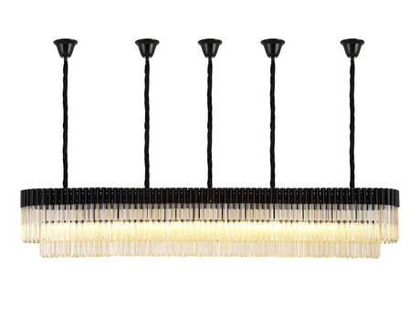 Longhorn 225 x 40cm Linear Pendant With Bell Cup, 12 Light E14, Matt Black/Cognac Sculpted Glass