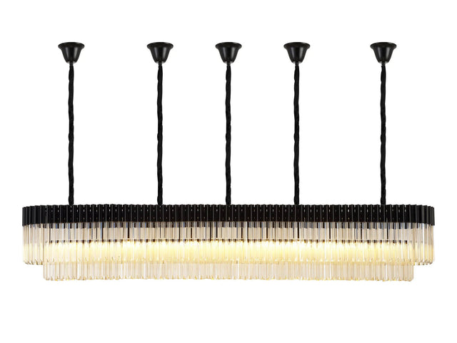 Longhorn 225 x 40cm Linear Pendant With Bell Cup, 12 Light E14, Matt Black/Cognac Sculpted Glass