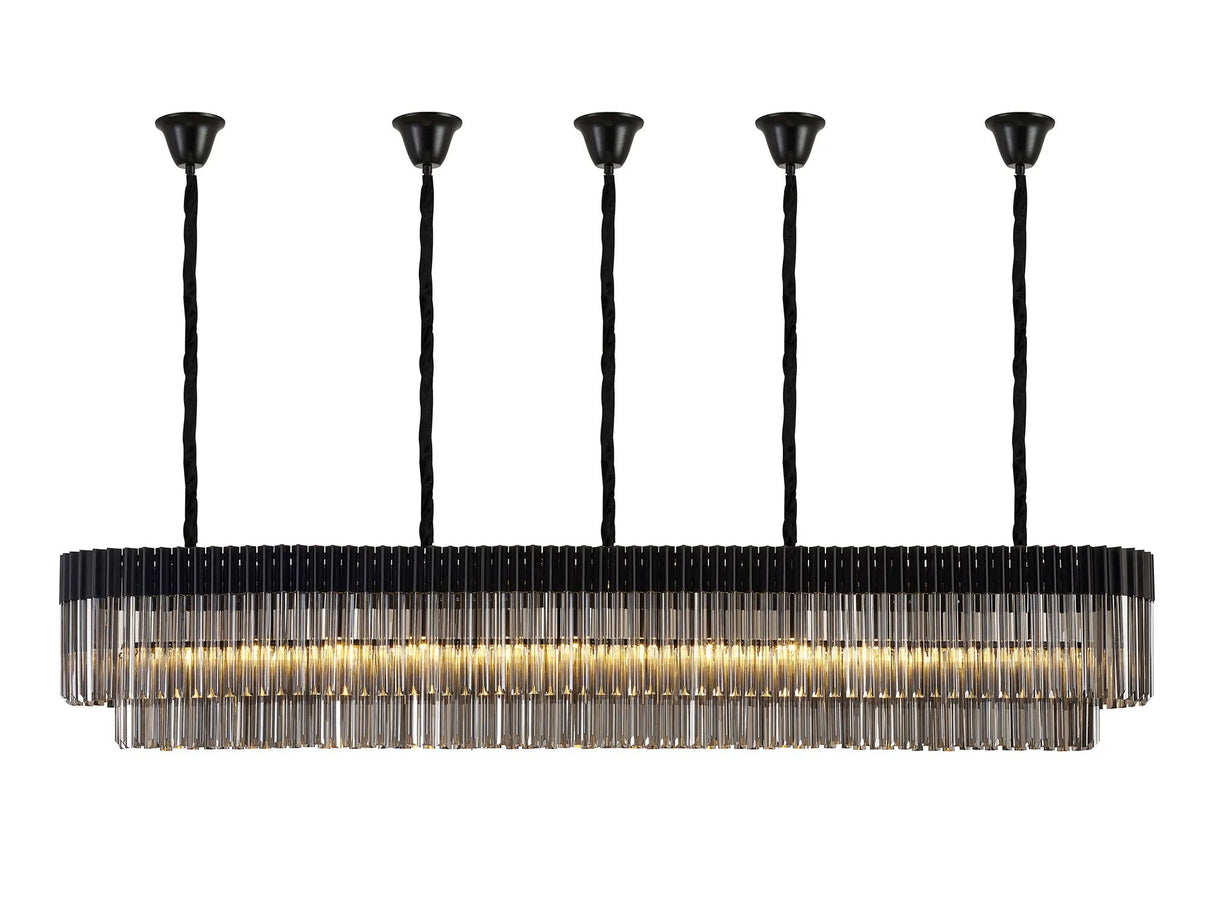 Longhorn 225 x 40cm Linear Pendant With Bell Cup, 12 Light E14, Matt Black/Smoked Sculpted Glass
