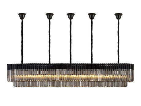 Longhorn 225 x 40cm Linear Pendant With Bell Cup, 12 Light E14, Matt Black/Smoked Sculpted Glass