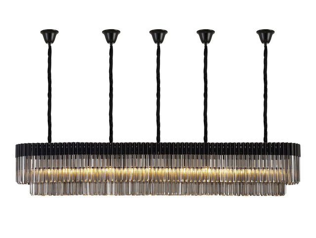 Longhorn 225 x 40cm Linear Pendant With Bell Cup, 12 Light E14, Matt Black/Smoked Sculpted Glass