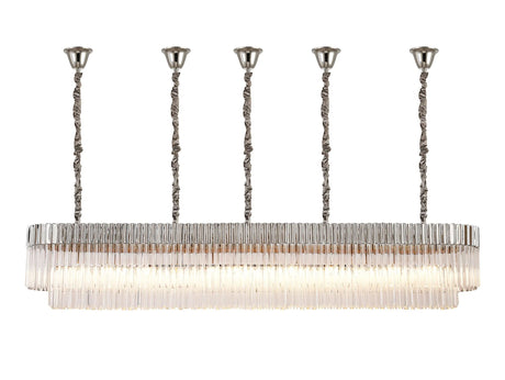 Longhorn 225 x 40cm Linear Pendant With Bell Cup, 12 Light E14, Polished Nickel/Clear Sculpted Glass