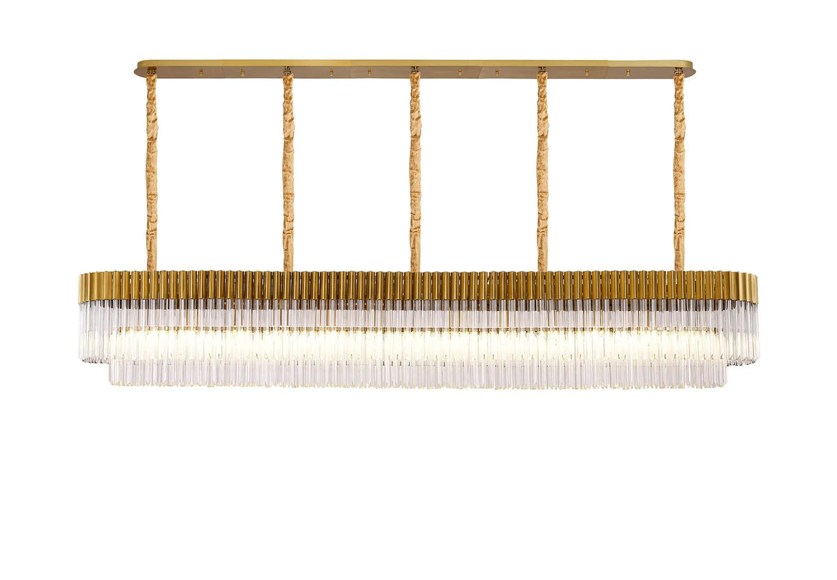 Longhorn 250 x 40cm Linear Pendant, 13 Light E14, Brass/Clear Sculpted Glass