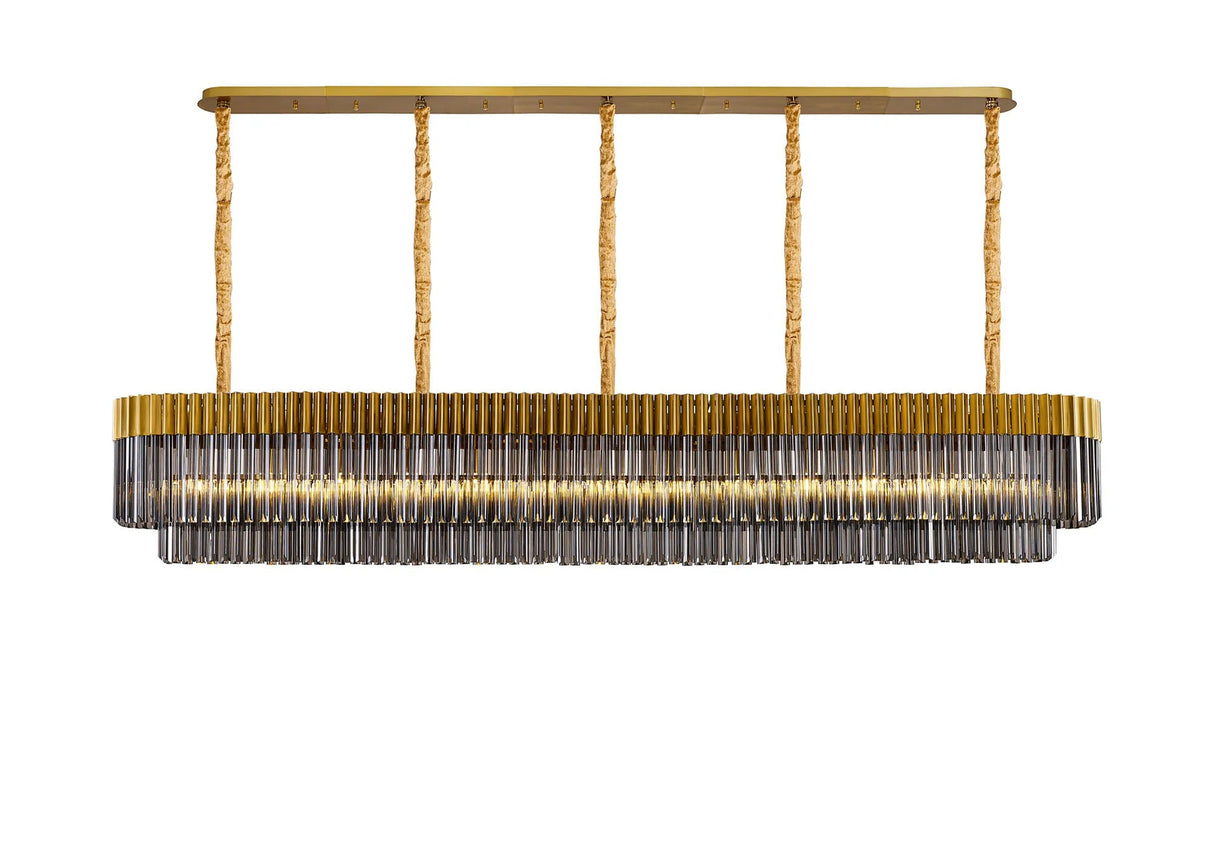 Longhorn 250 x 40cm Linear Pendant, 13 Light E14, Brass/Smoked Sculpted Glass