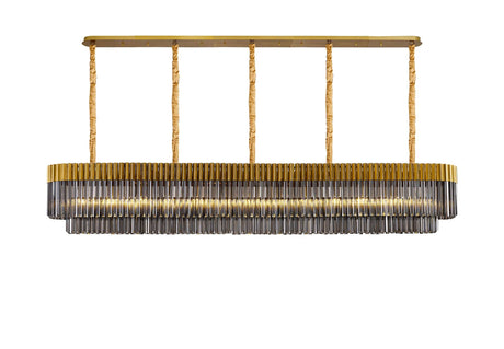 Longhorn 250 x 40cm Linear Pendant, 13 Light E14, Brass/Smoked Sculpted Glass