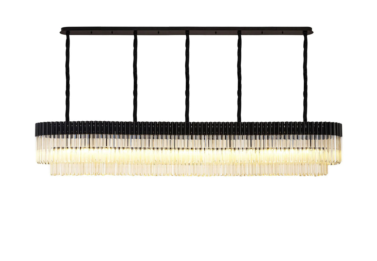 Longhorn 250 x 40cm Linear Pendant, 13 Light E14, Matt Black/Cognac Sculpted Glass