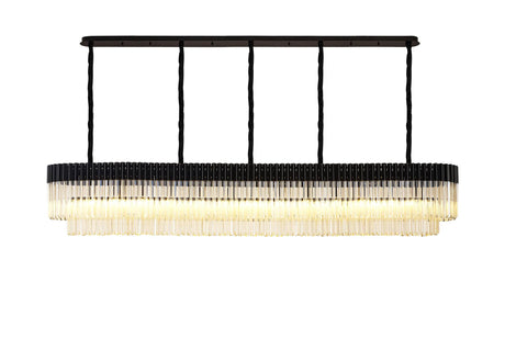 Longhorn 250 x 40cm Linear Pendant, 13 Light E14, Matt Black/Cognac Sculpted Glass