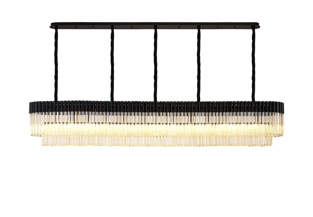 Longhorn 250 x 40cm Linear Pendant, 13 Light E14, Matt Black/Cognac Sculpted Glass
