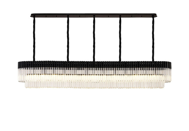 Longhorn 250 x 40cm Linear Pendant, 13 Light E14, Matt Black/Clear Sculpted Glass