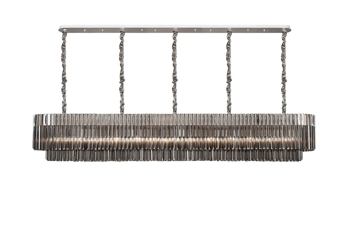 Longhorn 250 x 40cm Linear Pendant, 13 Light E14, Polished Nickel/Smoked Sculpted Glass
