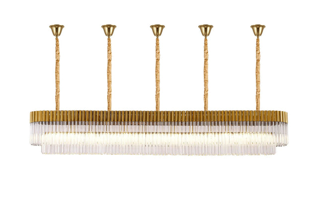 Longhorn 250 x 40cm Linear Pendant With Bell Cup, 13 Light E14, Brass/Clear Sculpted Glass