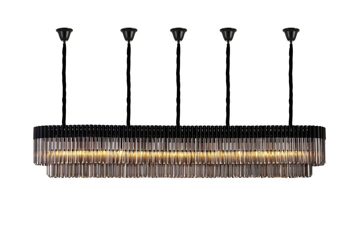 Longhorn 250 x 40cm Linear Pendant With Bell Cup, 13 Light E14, Matt Black/Smoked Sculpted Glass