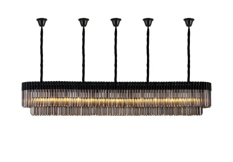 Longhorn 250 x 40cm Linear Pendant With Bell Cup, 13 Light E14, Matt Black/Smoked Sculpted Glass