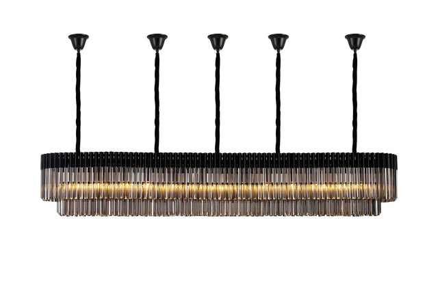Longhorn 250 x 40cm Linear Pendant With Bell Cup, 13 Light E14, Matt Black/Smoked Sculpted Glass