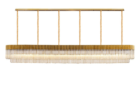 Longhorn 300 x 40cm Linear Pendant, 16 Light E14, Brass/Cognac Sculpted Glass