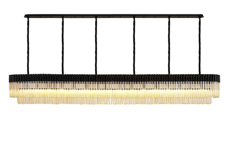 Longhorn 300 x 40cm Linear Pendant, 16 Light E14, Matt Black/Cognac Sculpted Glass