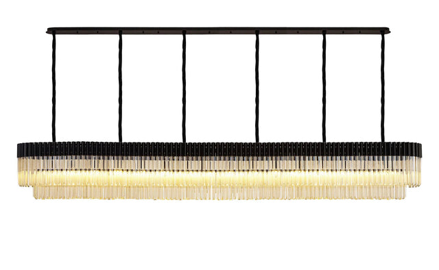 Longhorn 300 x 40cm Linear Pendant, 16 Light E14, Matt Black/Cognac Sculpted Glass