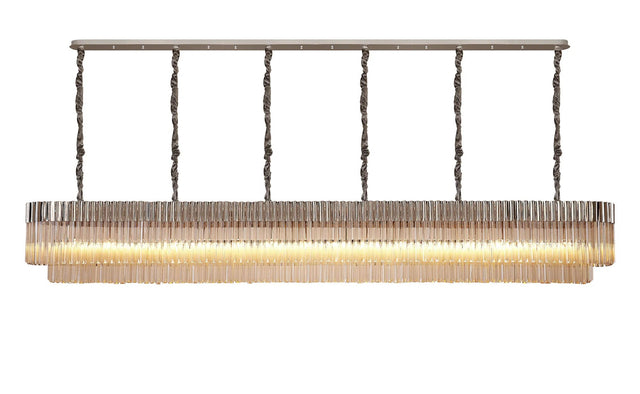 Longhorn 300 x 40cm Linear Pendant, 16 Light E14, Polished Nickel/Cognac Sculpted Glass