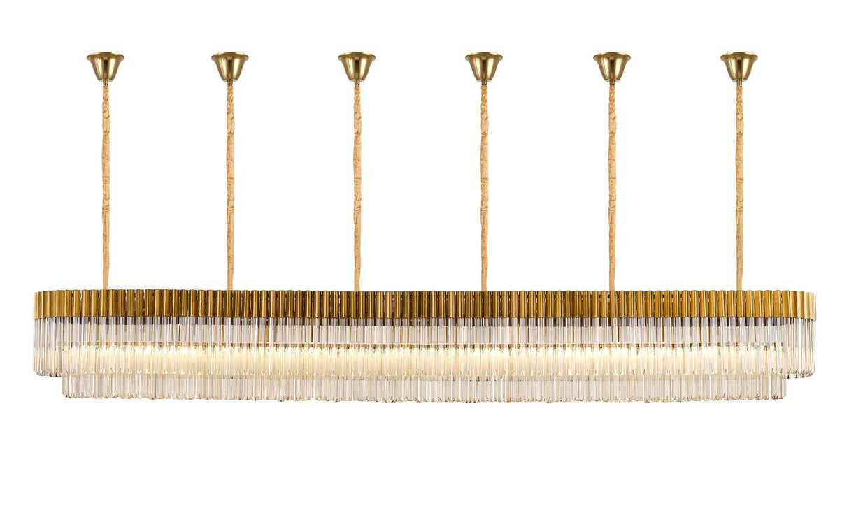 Longhorn 300 x 40cm Linear Pendant With Bell Cup, 16 Light E14, Brass/Cognac Sculpted Glass