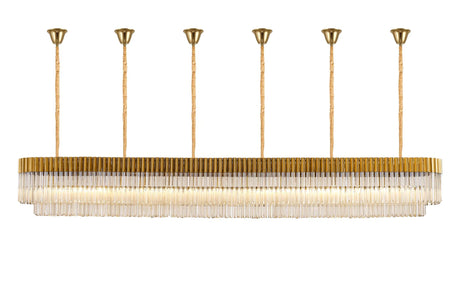 Longhorn 300 x 40cm Linear Pendant With Bell Cup, 16 Light E14, Brass/Cognac Sculpted Glass