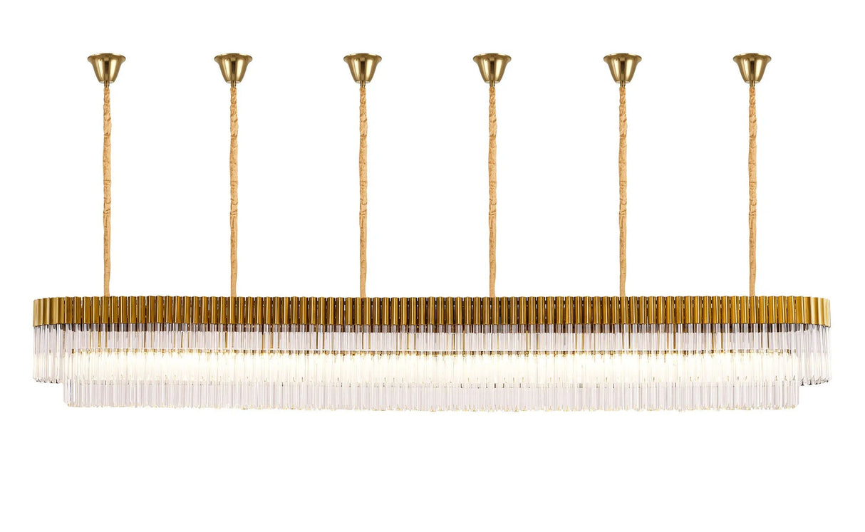 Longhorn 300 x 40cm Linear Pendant With Bell Cup, 16 Light E14, Brass/Clear Sculpted Glass