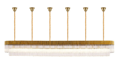 Longhorn 300 x 40cm Linear Pendant With Bell Cup, 16 Light E14, Brass/Clear Sculpted Glass
