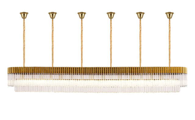 Longhorn 300 x 40cm Linear Pendant With Bell Cup, 16 Light E14, Brass/Clear Sculpted Glass
