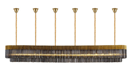 Longhorn 300 x 40cm Linear Pendant With Bell Cup, 16 Light E14, Brass/Smoked Sculpted Glass